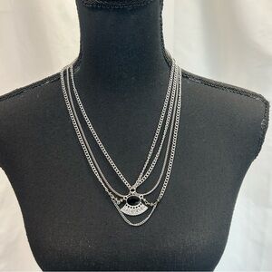 Silver-tone round black clear crystal rhinestone pendant necklace